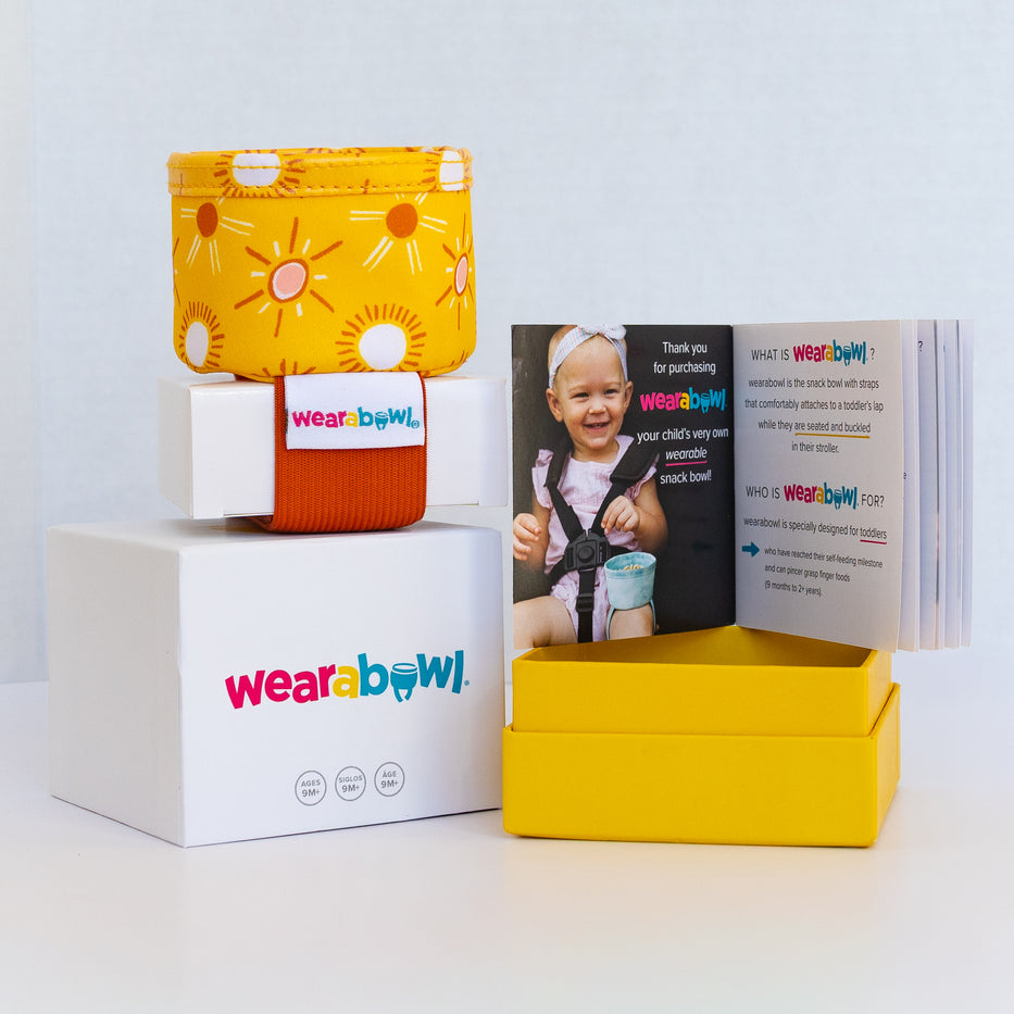 Wearabowl packaging with a yellow product, white box, and colorful branding.
